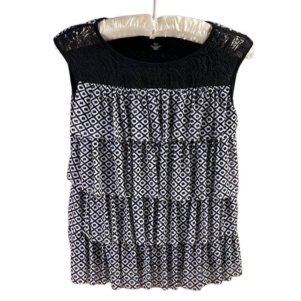 Nue Options Ladies Layered 4 Tiered Flowy Blouse, Size Petite Extra Small, B & W
